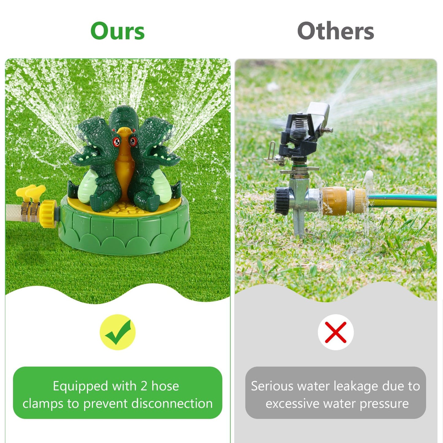 MoKo Dinosaur Sprinkler for Kids-Cute Outdoor Water Toy Spray Swimming Pool Toy with 2 Hose Clamps 3 Nozzles Fun Summer Play Water Toys for Backyard Lawn Garden Game Activities Pet Boys Girls, Green