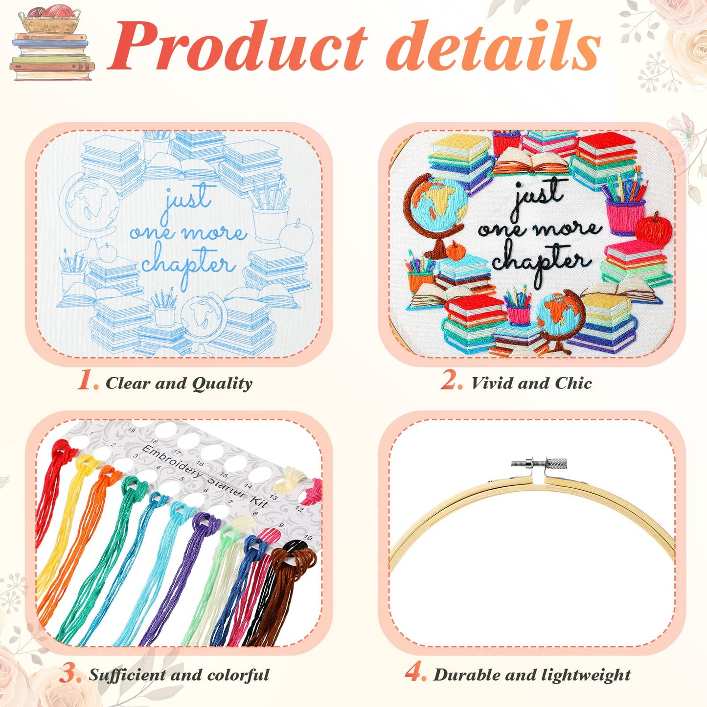 4 Set Embroidery Kit for Beginners Adults Book Lovers Funny Cross Stitch Embroidery Kit with Bamboo Hoops Needles Threads Instructions Needle Threader(Classic)