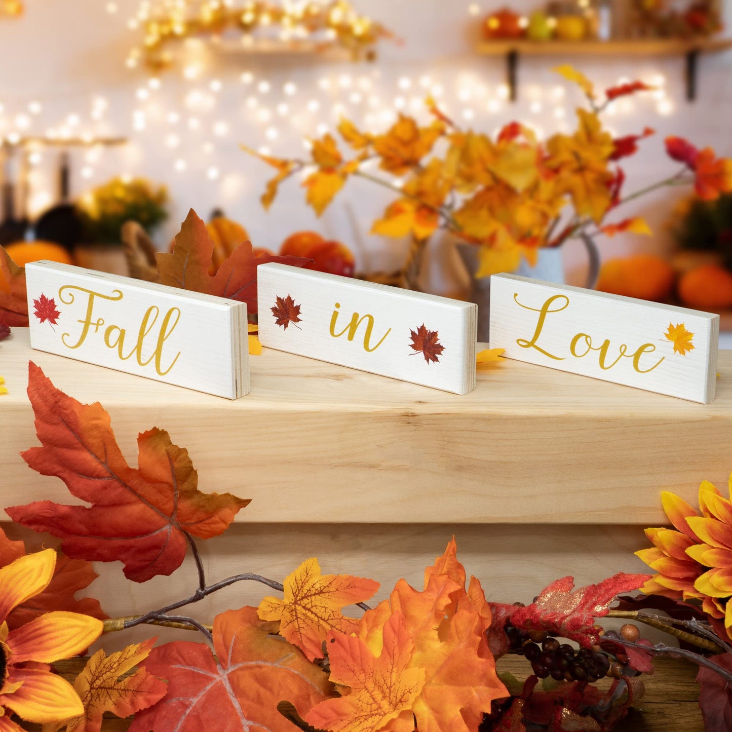 Fall in Love Wooden Blocks - Fall Decor, Wedding and Bridal Showers, Thanksgiving and Harvest Displays, Fall Tiered Tray Decoration - Made in USA