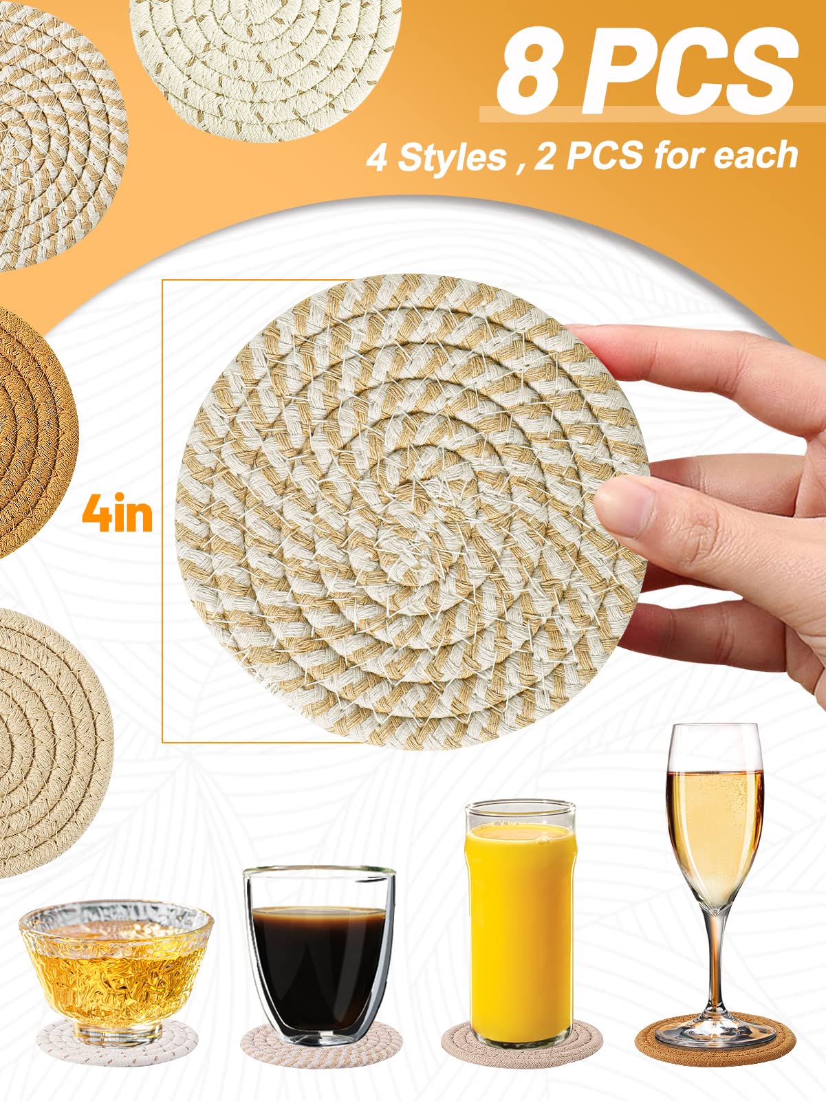 Handmade Woven Drink Coasters, 8 Pcs BOHO Coasters for Home Decor, Absorbent Farmhouse Cotton Table Coasters for Kinds of Cups New House Gift (4.3in, Yellow/Brown/White)