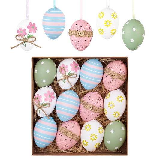 12Pcs Plastic Easter Eggs Ornaments Tree Decoration, 2" Pastel Pink Blue Easter Eggs Bulk, Shatterproof Decorative Hanging Decorations for Spring Holiday Party Decor