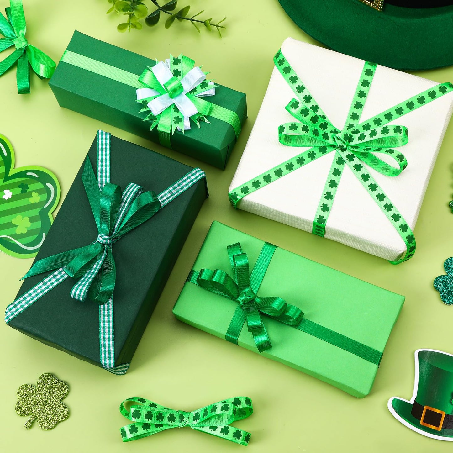 St. Patrick's Day Ribbon, 6 Rolls 150 Yards Green Saint Patrick's Decor Ribbons, 3/8 Inch Polyester Grosgrain for Gift Wrapping, Bow Making, DIY Crafts, Party Decorations