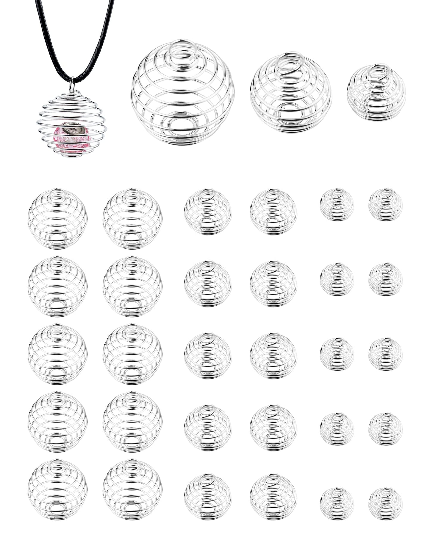 JIALEEY Spiral Bead Cages Pendants, 30 PCs 3 Sizes Silver Plated Stone Holder Necklace Cage Pendants Findings for Jewelry Making and Crafting