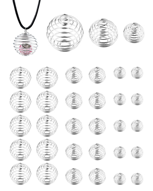 JIALEEY Spiral Bead Cages Pendants, 30 PCs 3 Sizes Silver Plated Stone Holder Necklace Cage Pendants Findings for Jewelry Making and Crafting