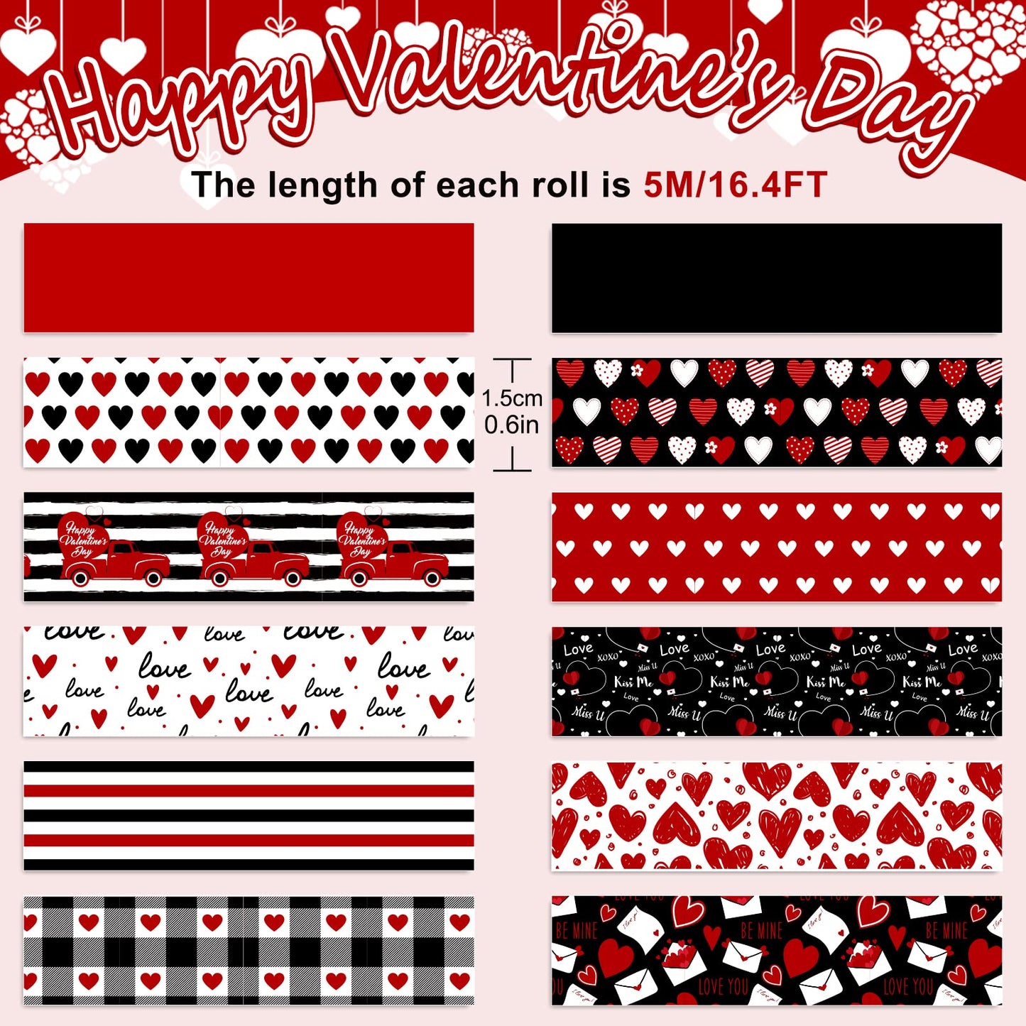 12 Rolls Valentine's Day Washi Tape Red Black Love Heart Truck Plaid Washi Masking Tape for Wedding Scrapbook Journal DIY Craft, 16.4Ft