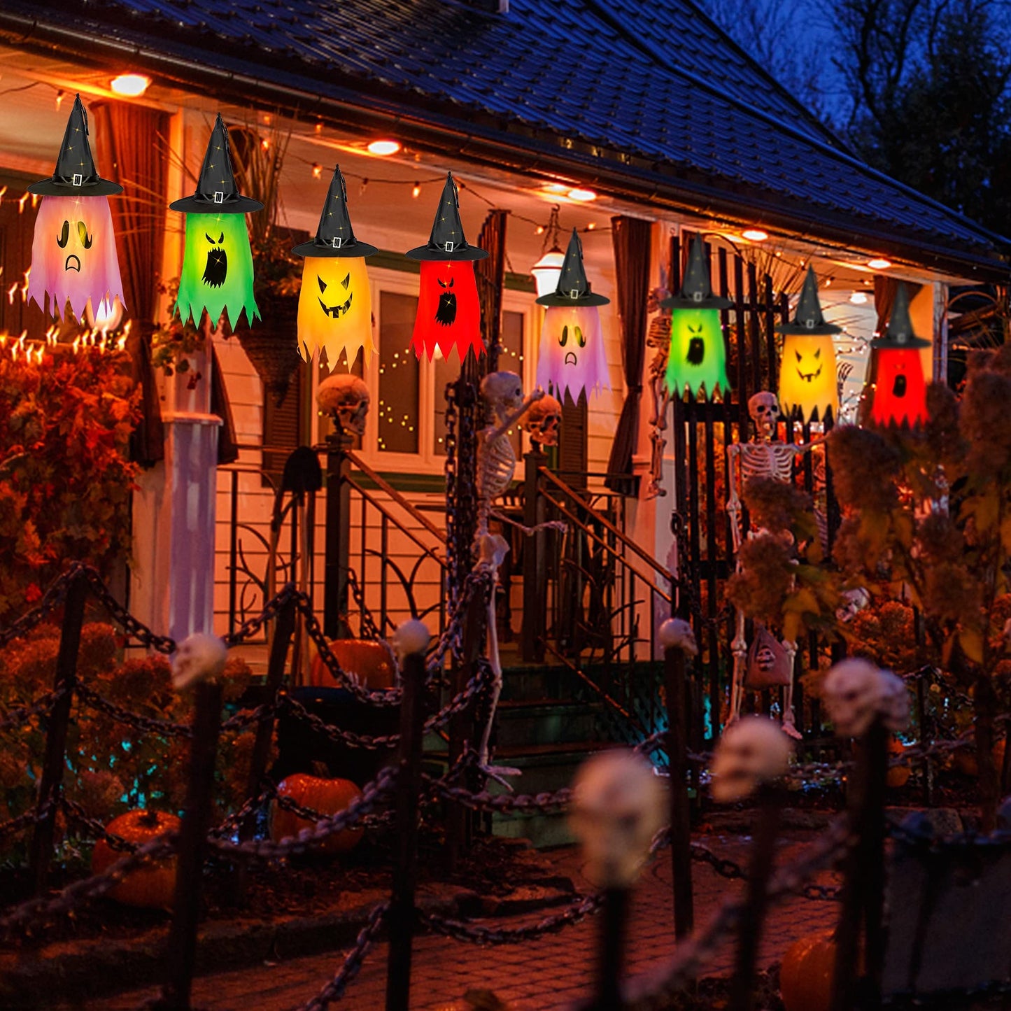 Twinkle Star Halloween 8 Pcs Lighted Hanging Witch Ghost Hats Decorations, Halloween Indoor Outdoor Remote Control String Lights 8 Lighting Modes, Glowing Witch Hat for Garden, Yard, Tree