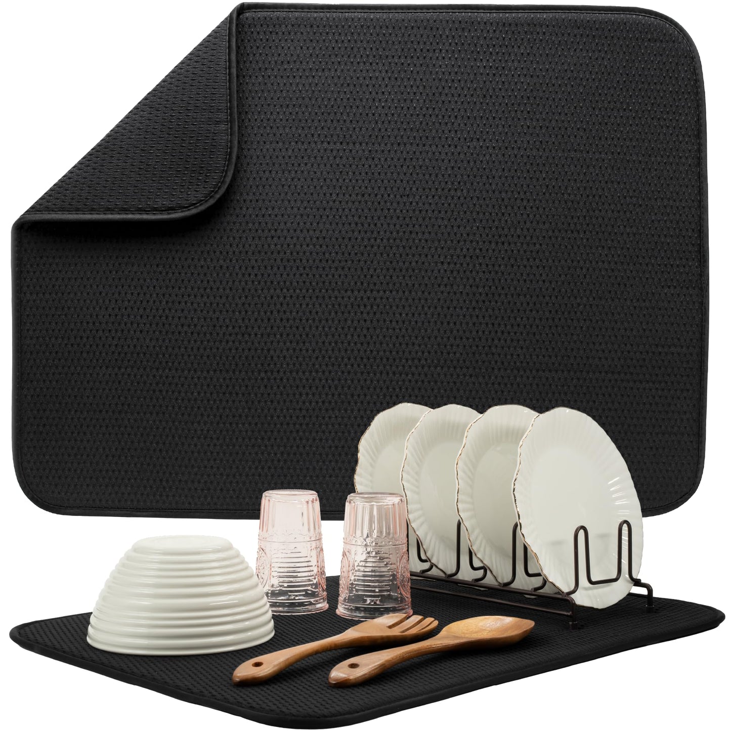 Dish Drying Mat XL, 18” x 24”, Absorbent Microfiber Kitchen Counter Mat, Drying Pad for Dishes, Utensils, Pots and Pans, Extra Large, Diamond Texture, Black