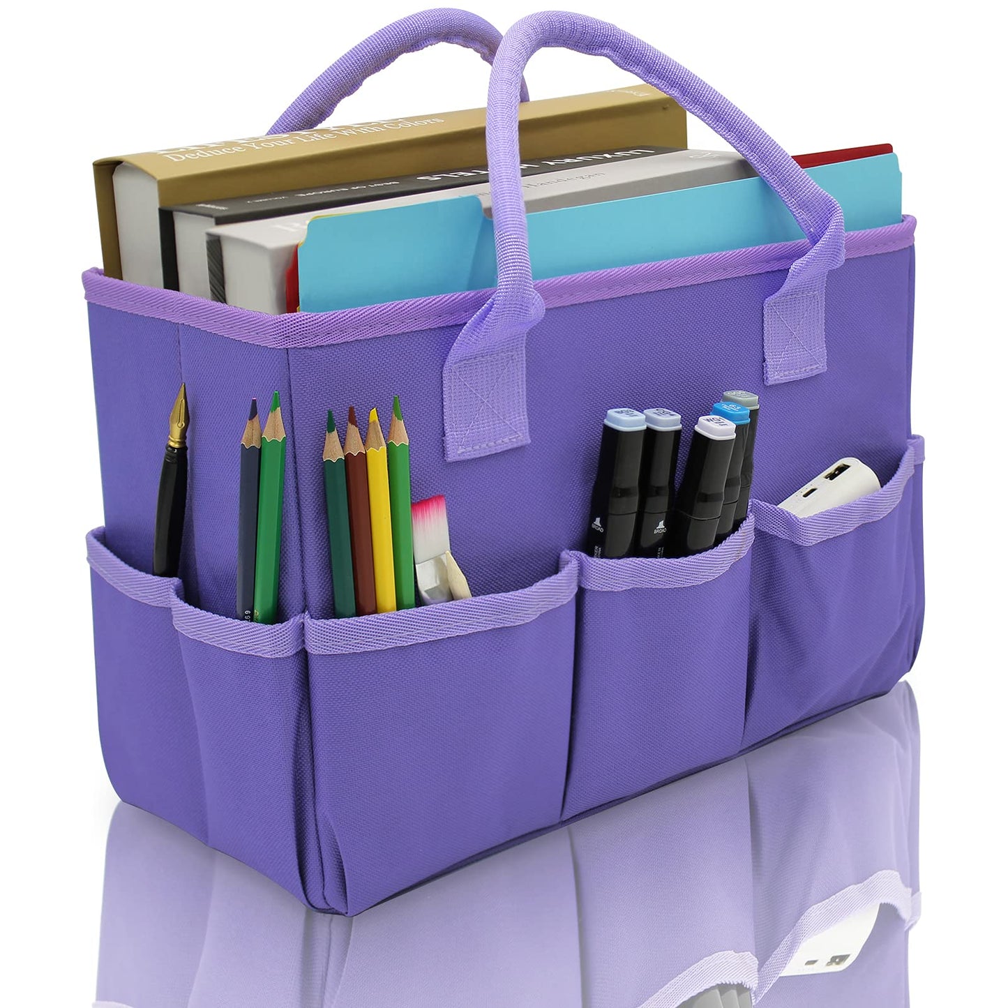 Cupohus Art Organizer Craft Storage Tote Bag with Pockets and Hadles, Oxford Fabric Carrying Caddy for Teacher, Officer, Artist, Students, Traveler, and more – Purple