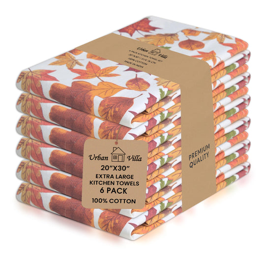 Urban Villa Fall Kitchen Towels Harvest Leaves Print Dish Towels Set of 6 20" X30” 100% Cotton Highly Absorbent Quick Drying Dish Cloths & Dish Towels Thanks Giving Tea Towels with Hanging Loop
