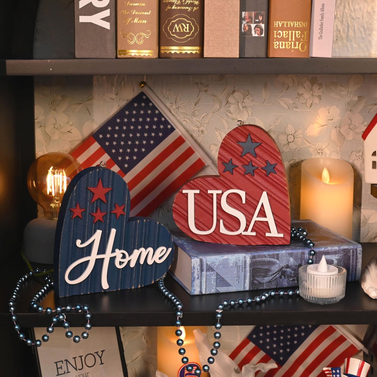 Valery Madelyn 4th of July Table Decorations, 2 Pcs Wooden Memorial Day Decorations Patriotic Decor Heart Centerpieces, Red White and Blue Americana Home USA Sign for Independence Day, 4 inch
