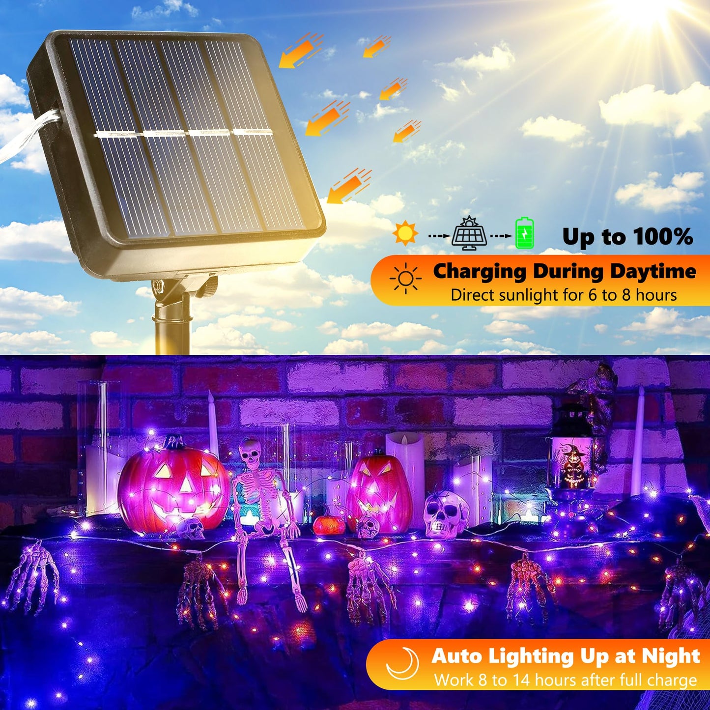 Joomer Orange Purple Halloween Solar String Lights 2Pack Total 100ft 300LED 8 Modes Solar Fairy Lights, Waterproof Lights Black Wire for Halloween Decorations