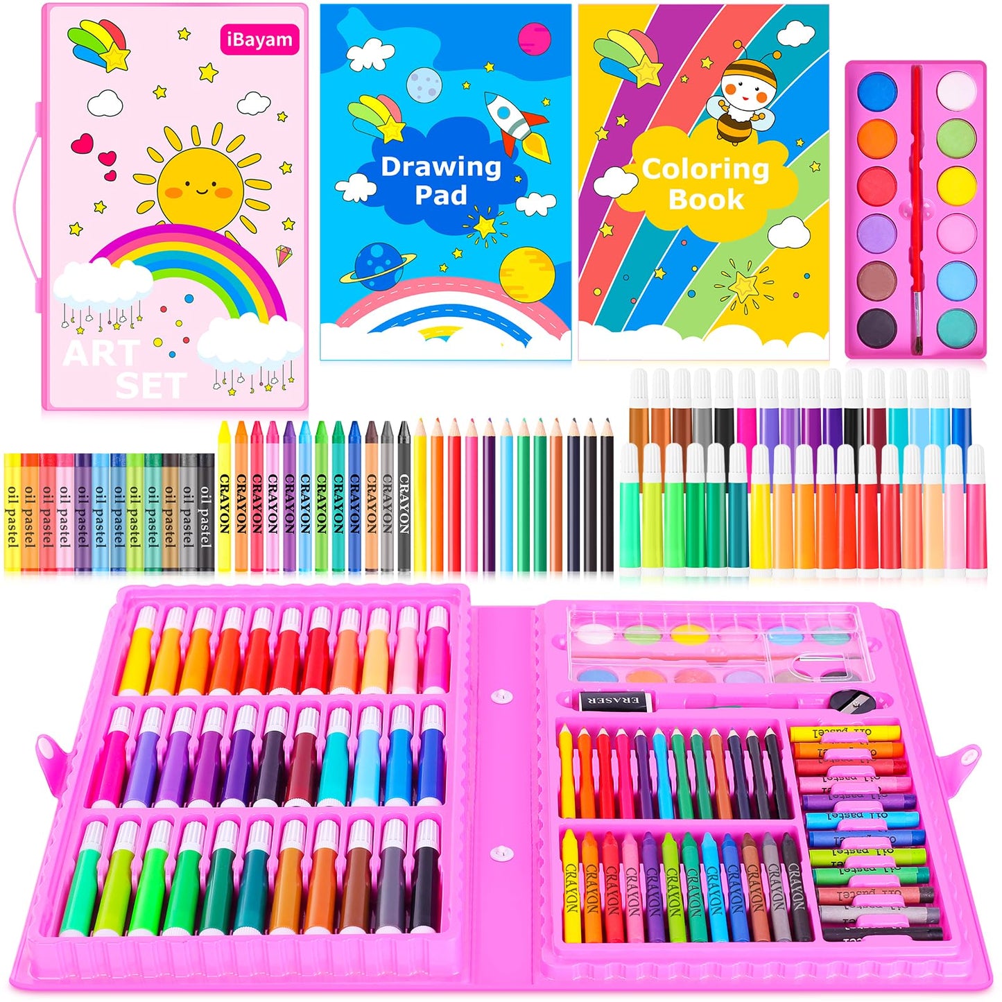 iBayam Art Supplies, 149-Pack Drawing Kit Painting Art Set Art Kits Gifts Box, Arts and Crafts for Kids Girls Boys, with Coloring Book, Crayons, Pastels, Pencils, Watercolor Pens (Pink)