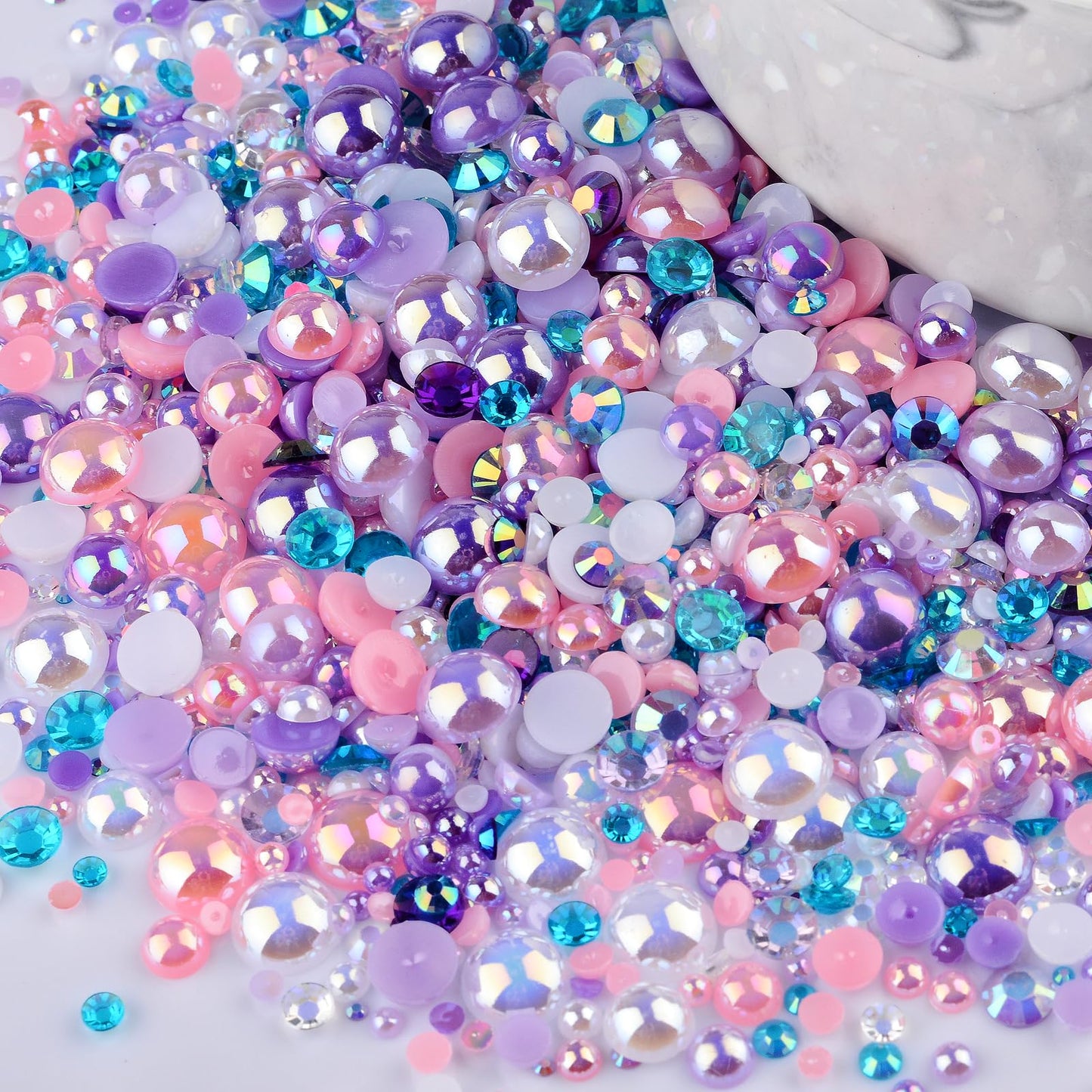 75g Mix Resin Pearls Rhinestones Kit, 3-10mm Half Pearls and 2-6mm Flatback Rhinestones for Nail Art Decoration Shoes Clothes Tumblers Scrapbooking Craft DIY (Purple Pink White)
