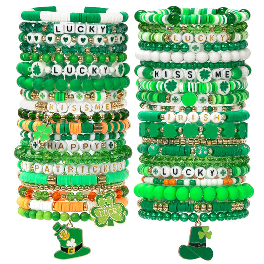 40 Pcs St. Patrick's Day Shamrock Bracelets Set Green Irish Clay Stretch Stackable Friendship Bracelet for Women, Party Favors Jewelry Gift Party Supplies