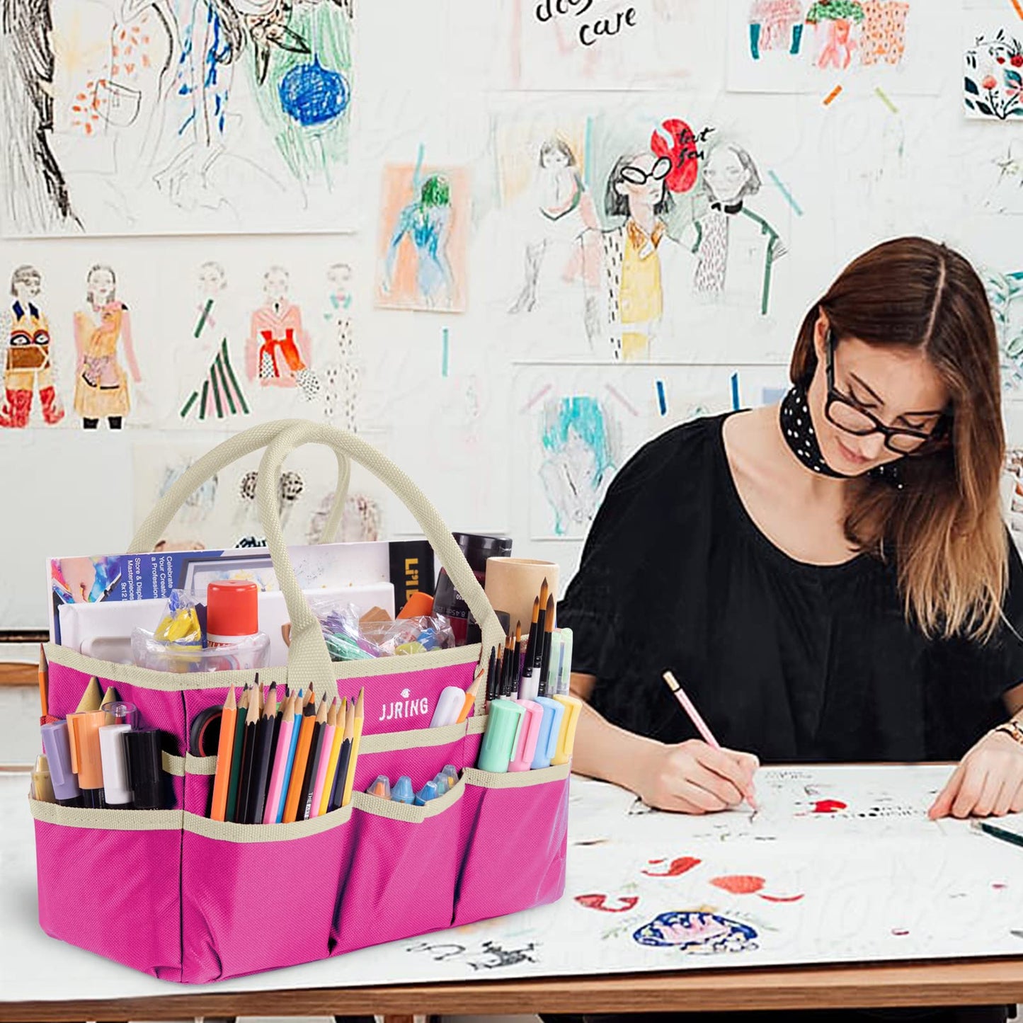 JJRING Craft and Art Tote - 600D Rose Red Nylon Fabric Art Sewing Organizer Bag with Pockets - for Craft, Scrapbooking, Medical, and Office Supplies Storage