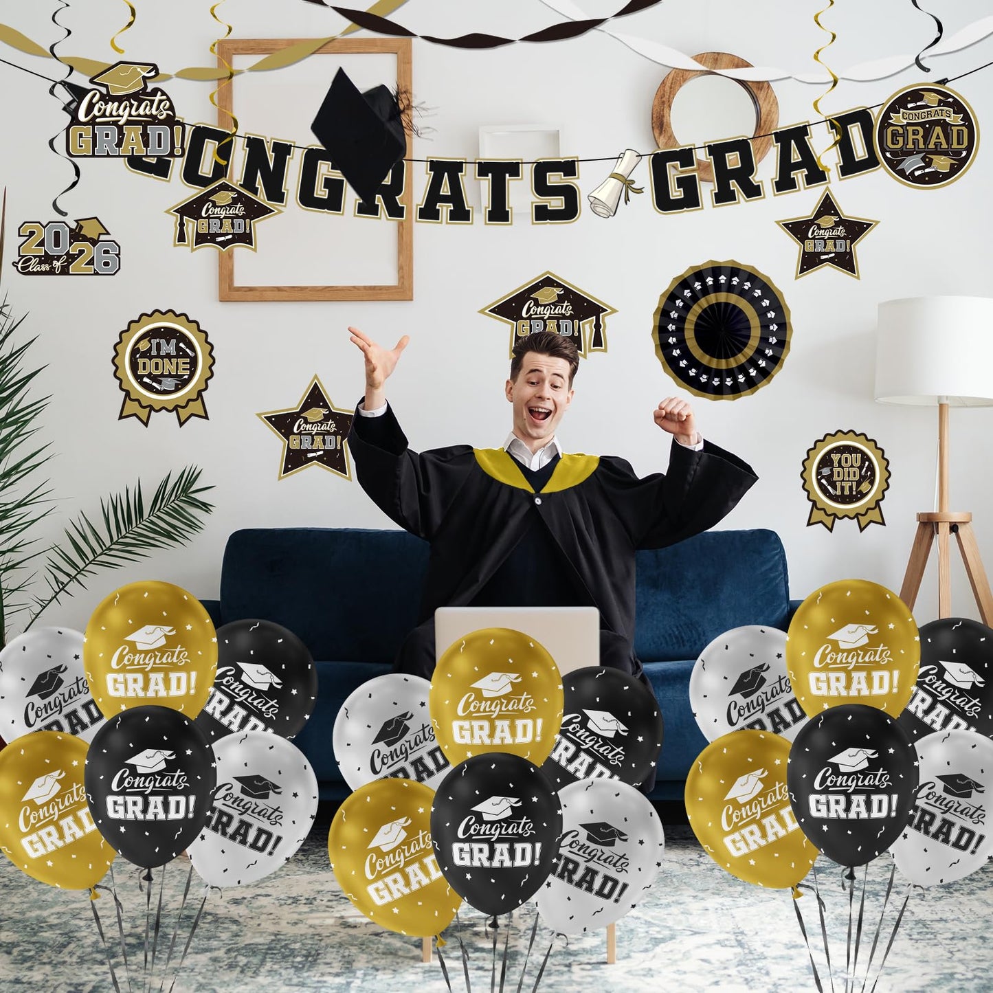 Black and Gold Themed 2026 Graduation Decorations Set - Congrats Grad Banner, Class of 2026 Backdrop, Balloons & Streamers Kit - Graduation Party Supplies for High School & College Celebrations