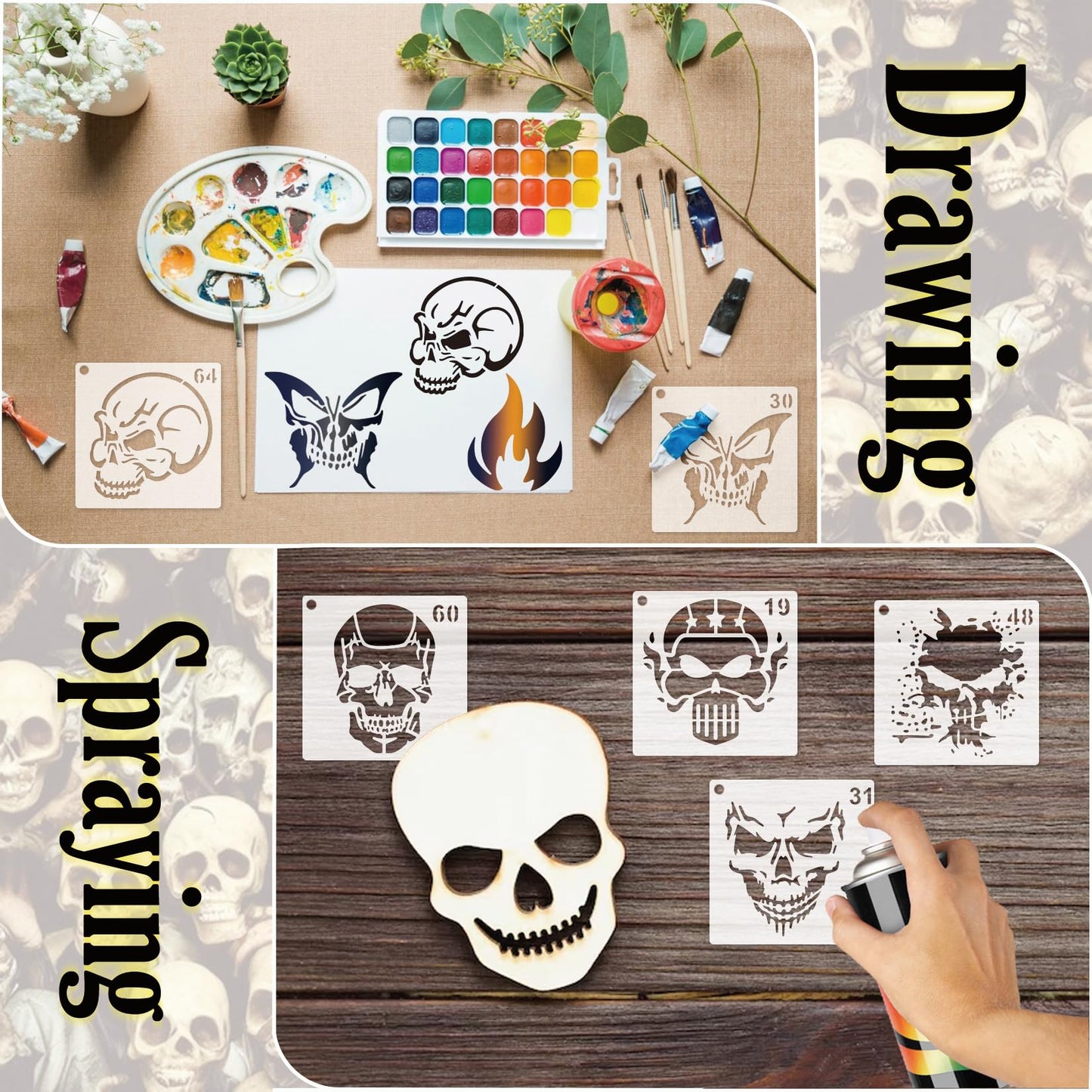 Small Stencils for Painting on Wood Reusable, 3 Inch Reusable Stencil for Craft Ornament Paint Template Stencils for Wall Card Rock Wood Signs Coasters Canvas Home Decor (Skull)