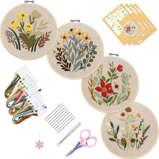 4 Sets Embroidery Set for Beginners, Art Craft, Easy Sewing, Includes Embroidery Clothing, Pattern, Embroidery Hoop, Instruction Manual, Colorful Thread Stitch Set (11)