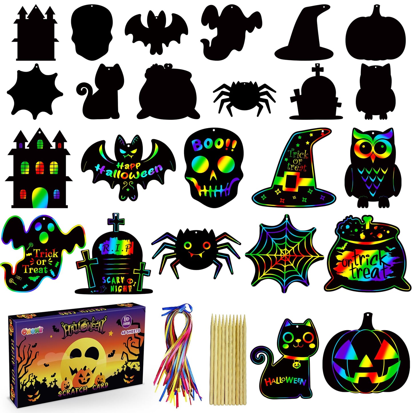 Halloween Party Favors - 48 PCS Magic Rainbow Scratch Paper Cards Set for Kids - Kids Halloween Games Crafts Treats Toys Gifts - Trick-or-Treat Activities Party Decorations Supplies