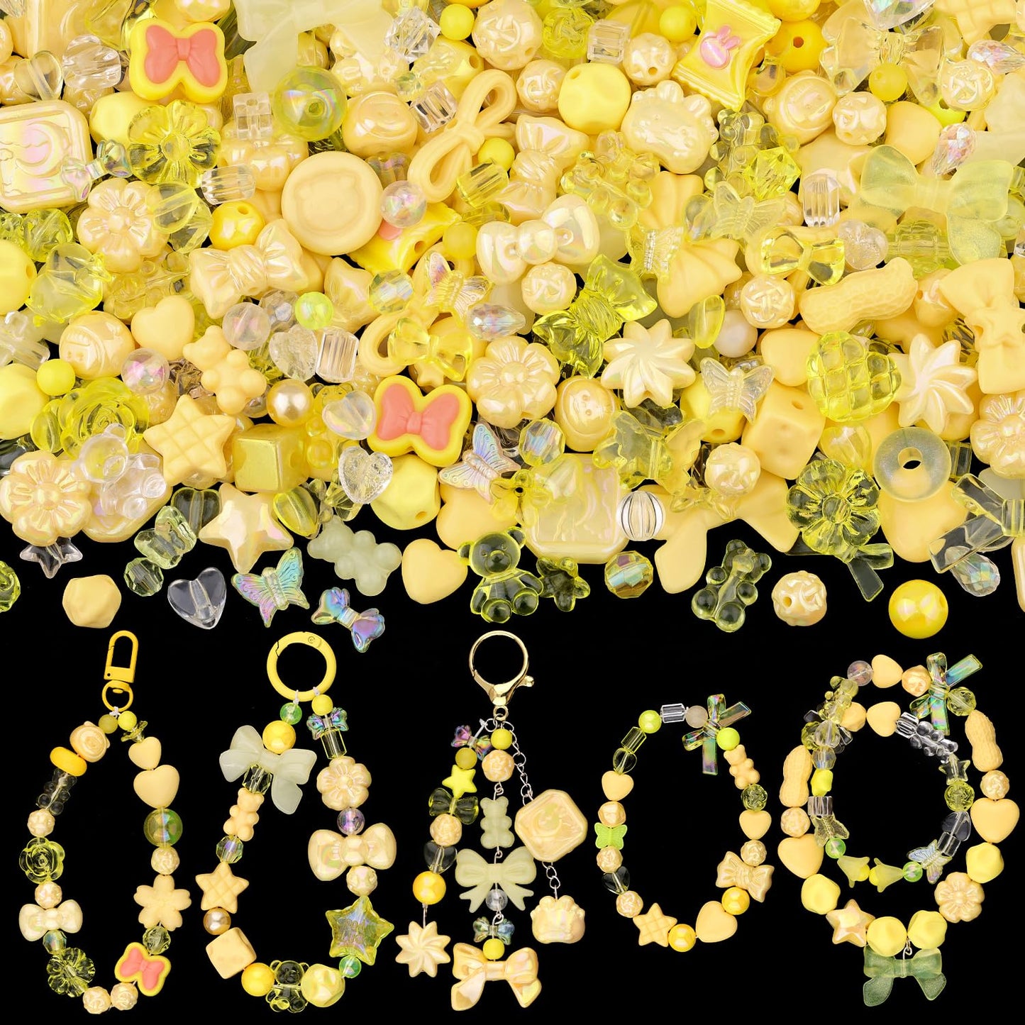 TINKRSTUFF Assorted 170-230PCS Yellow Acrylic Beads for Bracelet Making, Flower Bow Butterfly Candy GummyBear Aesthetic Bracelet Charms,Cute Beads for Jewelry Making DIY Necklace Keychain Phone Charm