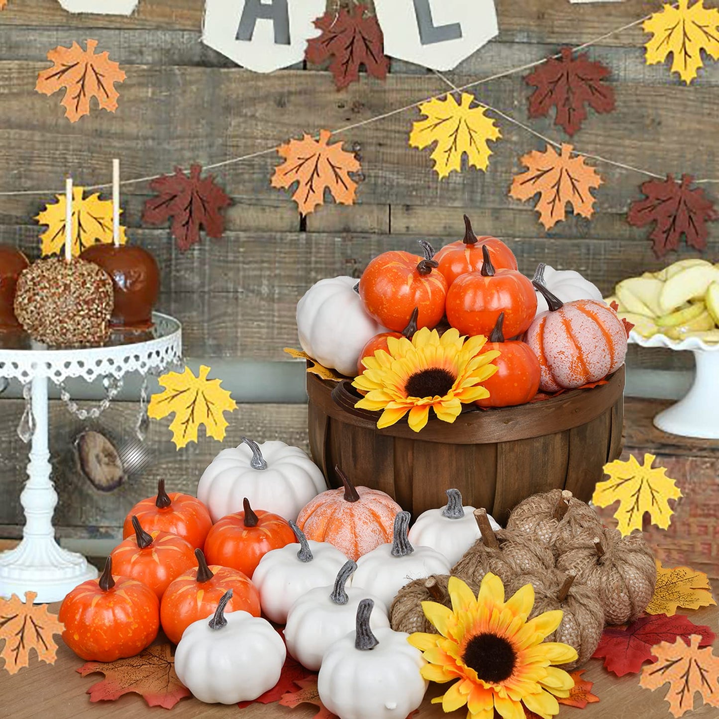 80Pcs Artificial Pumpkins Maple Harvest Fall Decoration, 30Pcs Fall Pumpkins and 50Pcs Maple Leaves for Autumn Thanksgiving Harvest Home Decor