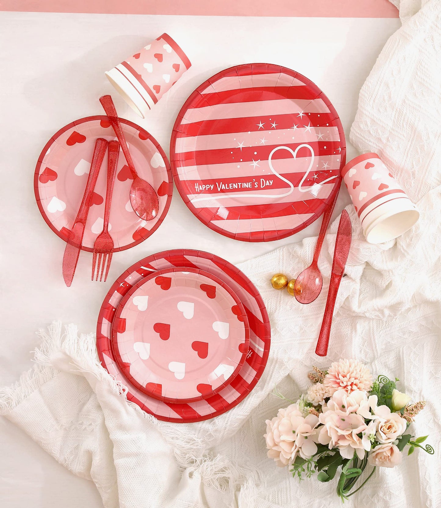 Valentines Day Plates and Napkins Sets - Serves 16 - Includes Paper Cups Cutlery for Valentine Decor Party Supplies Paper Straws Valentines Day Decor Valentine's Day Decorations