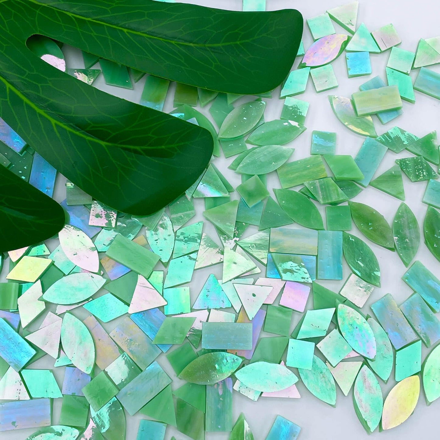 LITMIND Iridescent LightGreen Stained Glass Mosaic Tiles for Crafts - 240 Pieces, 5 Shapes Mixed (Rectangle, Triangle, Rhombus, Square, Leaf) - Ideal for Mosaic Making Projects and Beginners