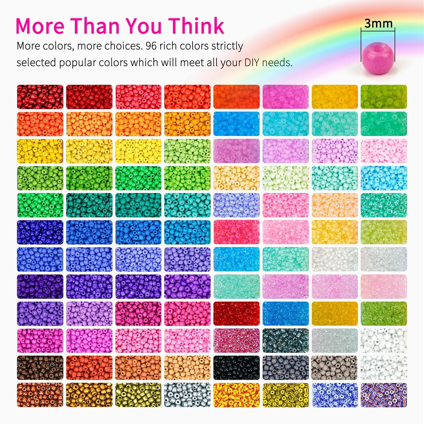 Friendship Bracelet Kit 3mm Seed Beads, 30000 Pcs 8/0 Glass Seed Beads 96 Colors Small Beads Bulk with Letter Bead Charms for Jewelry Making Girls Rings Necklaces Waist Chain DIY Craft Gift