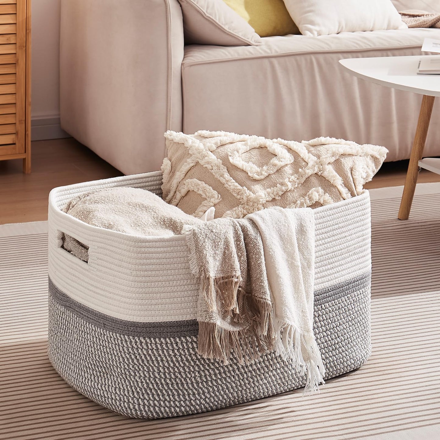OIAHOMY Extr Large Toy Storage Basket, Rectangle Cotton Rope Storage Basket, Blanket Basket Living Room, Woven Baskets for Organizing, 25 x 16 x 16 Inches-Grey/White