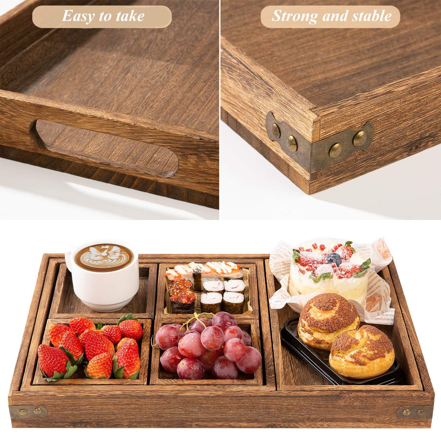 Rustic Wooden Serving Trays with Handle - Set of 7 Rectangular Platters for Entertaining, Breakfast, Coffee Table, Home Decor
