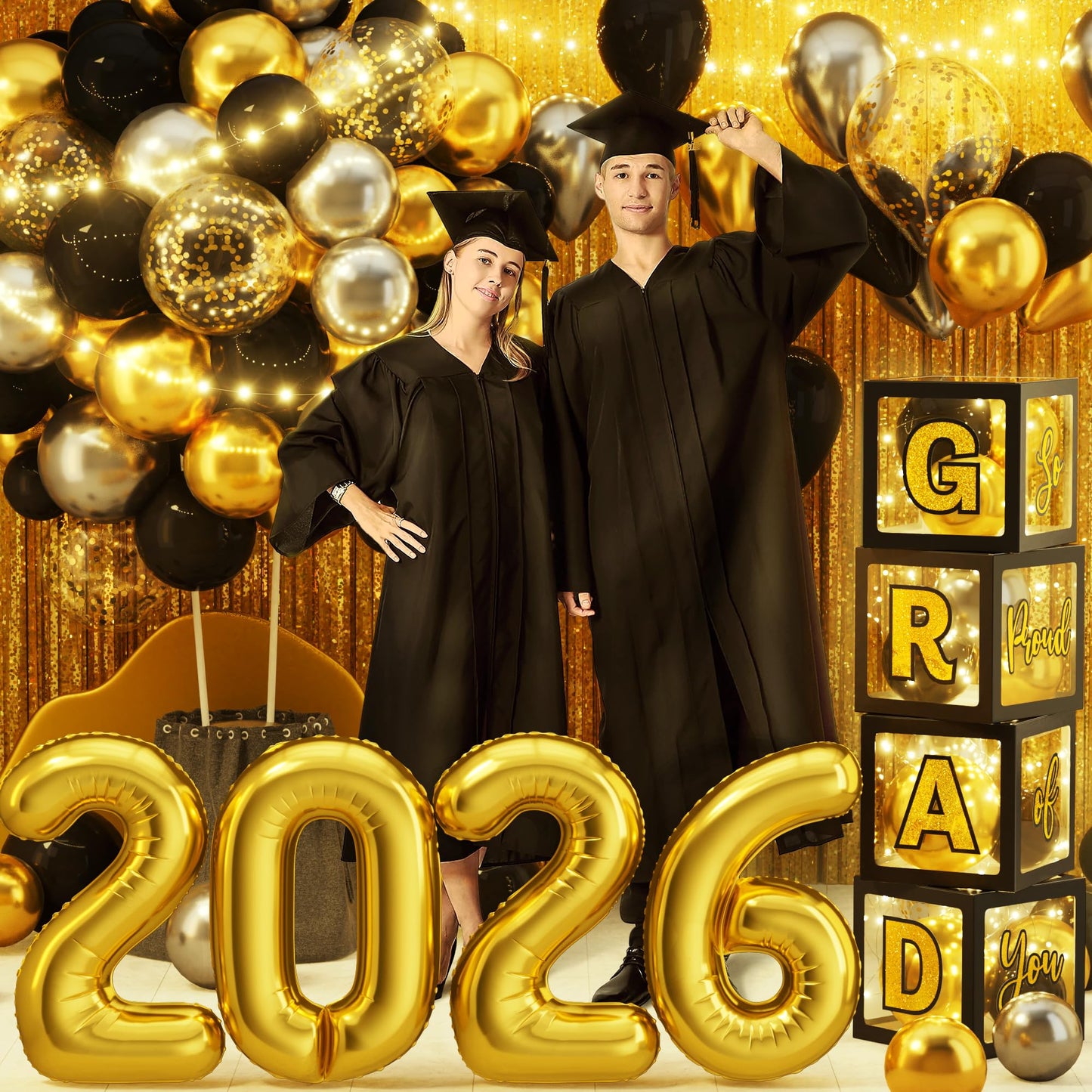 Ecomore 2026 Graduation Decorations - 86 PCS Graduation Party Decor Supplies Set Includes LED Light Strings Balloon Block Boxes with Letters Foil Curtains Backdrop 2026 Balloon Garland Kit- Black Gold