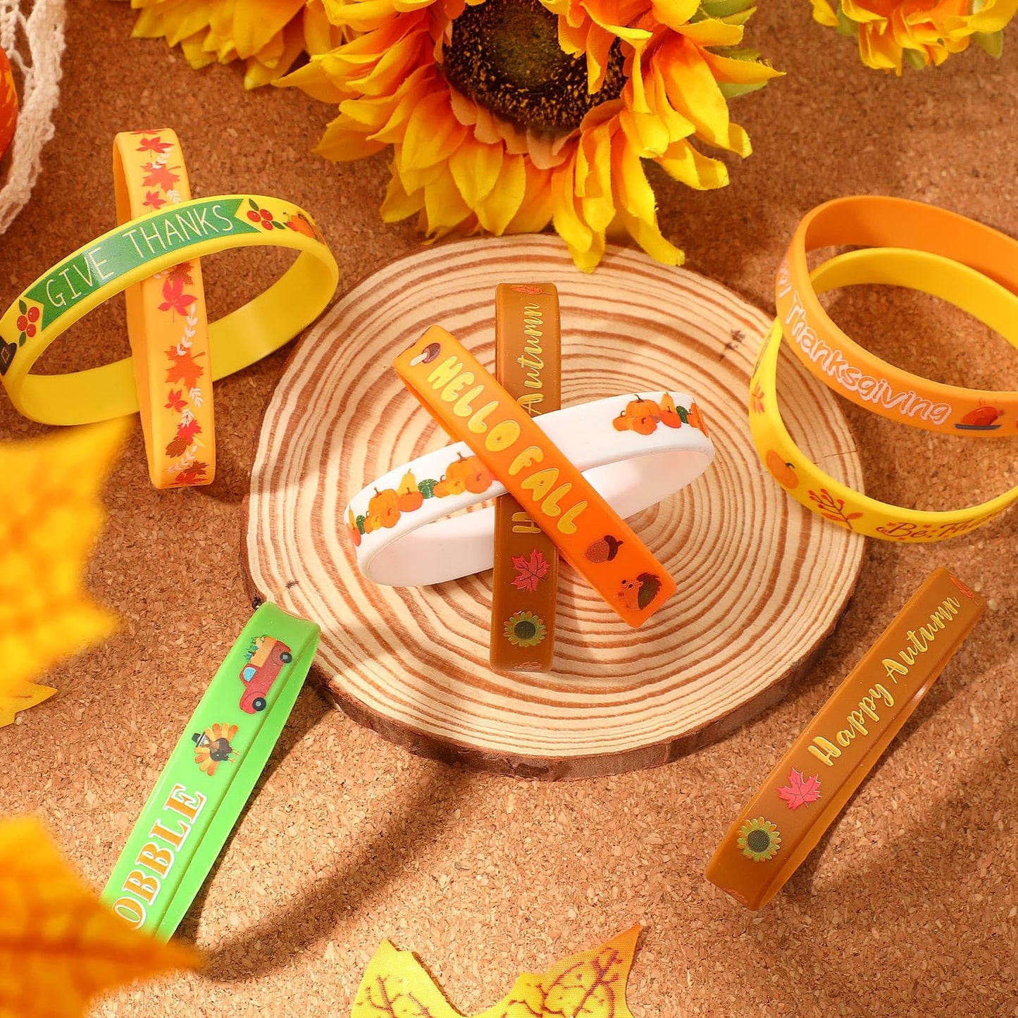 24Pcs Thanksgiving Silicone Bracelets Rubber Wristbands Fall Party Favors for Kids Decorations for Autumn Thanksgiving Party Kids Stuffers Filler Accessories Gifts Supplies