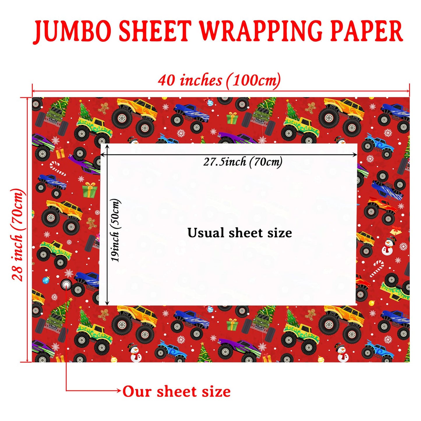 Cuitpan Red Monster Truck Christmas Wrapping Paper - Xmas Gift Wrap with Holiday Trees, Snowmen & Gingerbread Men Design - Ideal for Kids & Adults Gift Wrapping - 40×28 Inches, 4 Folded Sheets