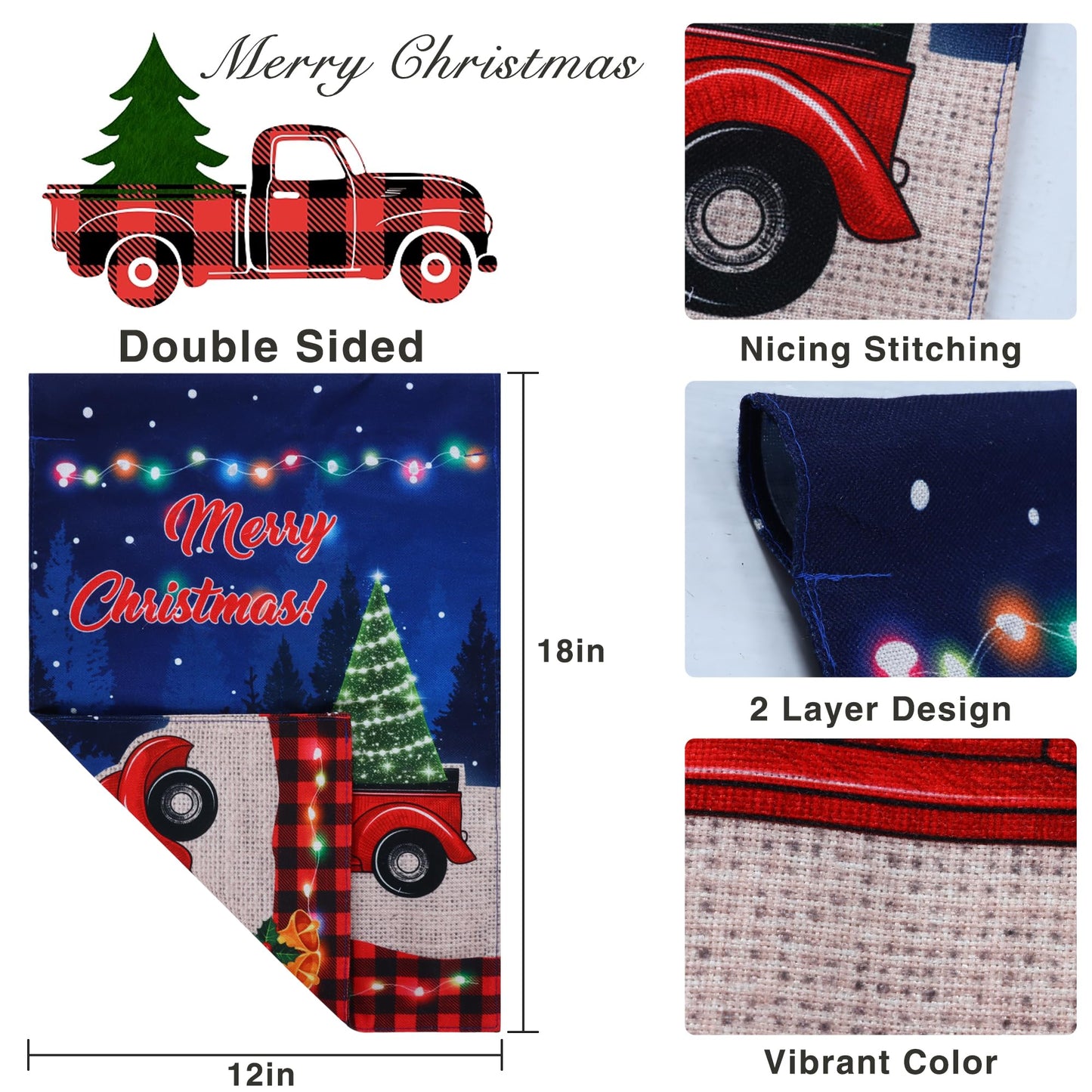 Lighted Christmas Garden Flag, LED Red Truck Flag Double Sided, Vertical Merry Christmas Flag for Outdoor Yard Garden Lawn Holiday Decoration(12x18 Inch)