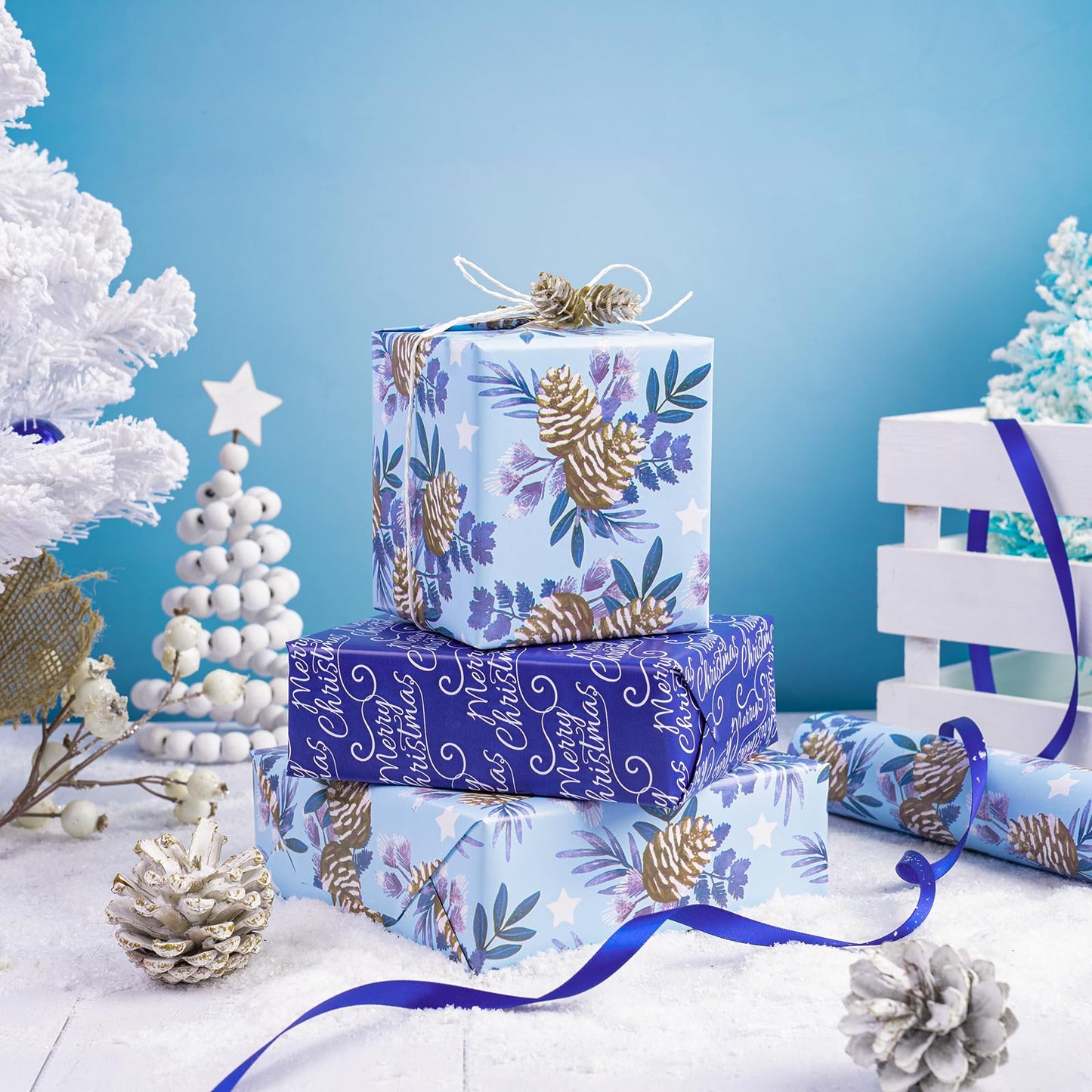 Reversible Christmas Wrapping Paper - Mini Roll - 17 Inch x 33 Feet - Pinecone and Merry Christmas Blue Wrapping Paper for Xmas Holiday, Party Celebration
