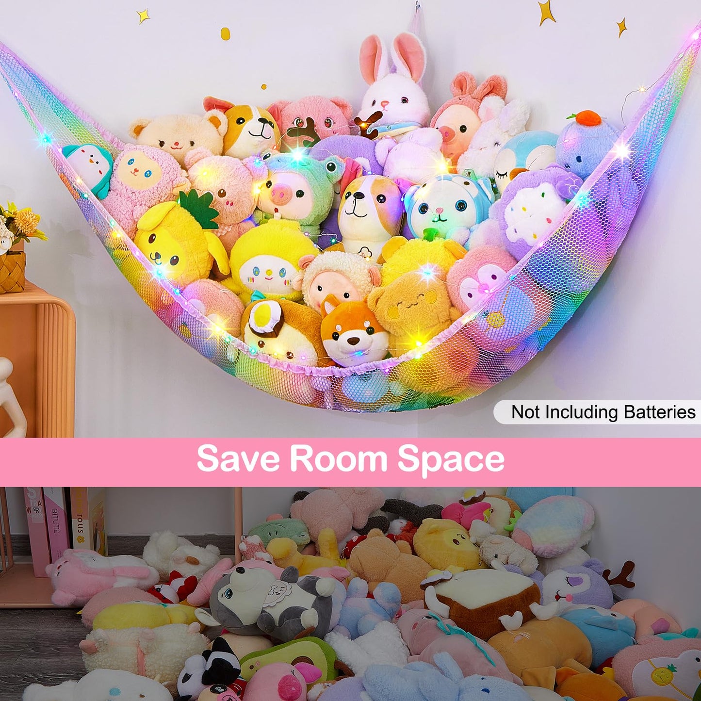 Stuffed Animal Net Hammock Kids Toy Storage with LED Light Plush Toy Organizer Corner Hanging Stuffed Animal Holder For Nursery Kids Girls Room Decor