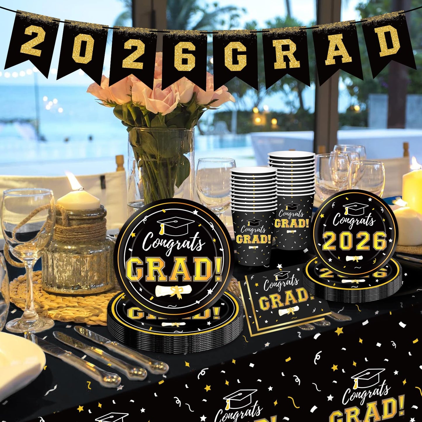 Graduation Decorations 2026 Disposable Black Graduation Tableware Kit for 25 Guests Plates Napkins Cups Tablecloth Hanging Graduation Party Decorations 2026