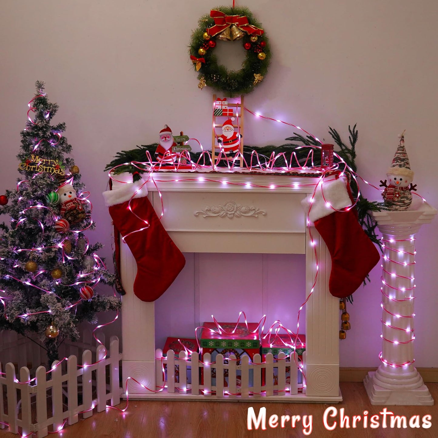 Solar Christmas Candy Cane Rope Lights, 2 Packs Each 33ft 100 LED Red & White Solar Rope Light Outdoor Waterproof Decorations String Tube Lights