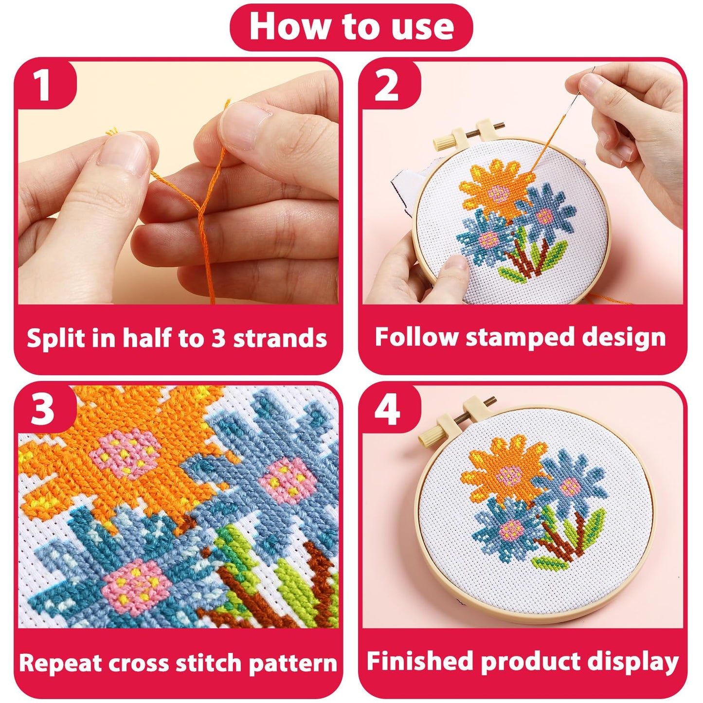 ZOIIWA 6PCS Flower Cross Stitch Kits for Beginners DIY Embroidery Kit for Kids Adults Christmas Birthday Gift Needlepoint Patterns with 2 Embroidery Hoops Craft Supplies