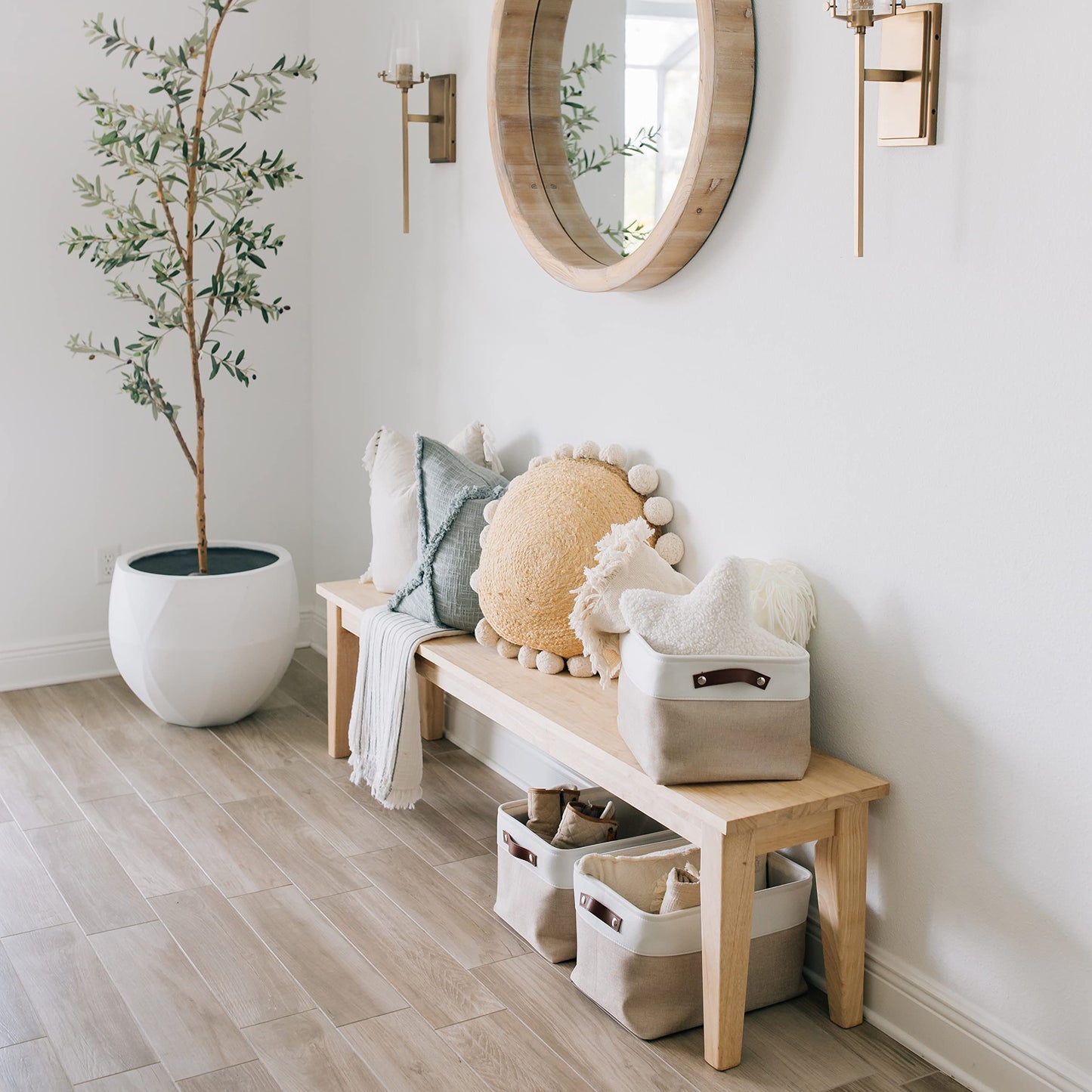 Large Fabric Storage Baskets for Shelves 3 Pack, 15x11in Closet Storage Bins for Shelves, Cloth Baskets for Organizing, Linen Closet Organizers, Fabric Basket, Beige/White