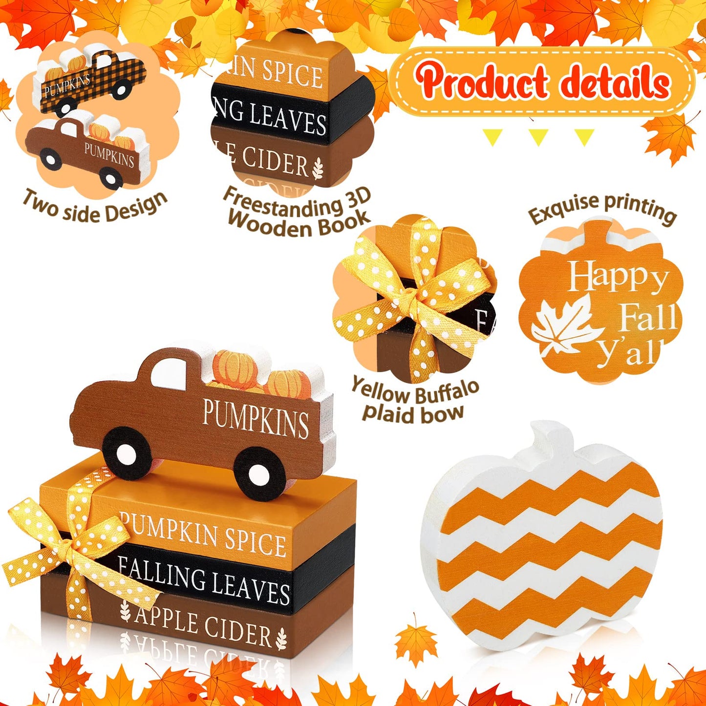 5 Pieces Fall Decor Fall Tiered Tray Decor Thanksgiving Wooden Signs 3 Mini Faux Decorative Books Bundle with Twine Pumpkin Wooden Truck Farmhouse Rustic for Autumn Thanksgiving Table Decor (Pumpkin)