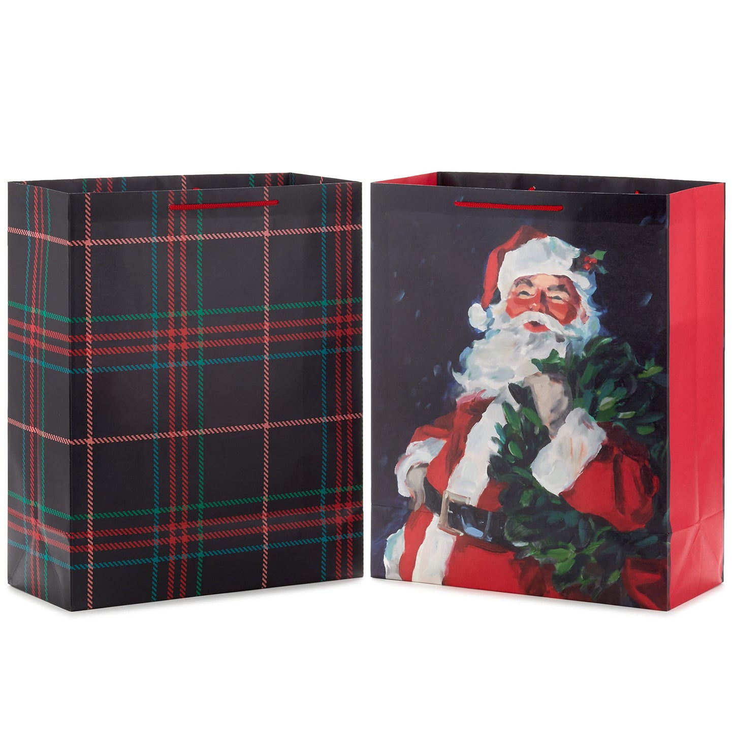 15" Extra Large Christmas Gift Bag Set (2 Bags: Classic Santa, Black, Red and Green Plaid) for Friends, Family, Teachers, Coworkers