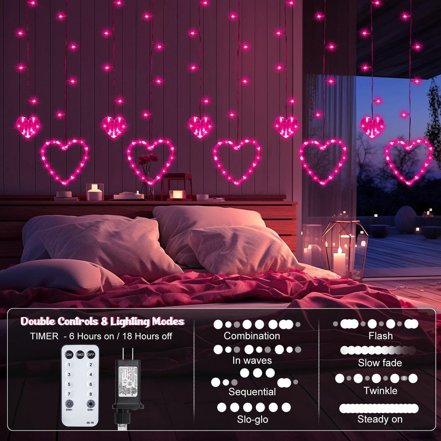 Valentines Day Decor, Pink Love Heart String Lights for Bedroom, 12 Hearts 138 LED Fairy Twinkle Lights with Remote, 8 Lighting Modes Connectable Window Lights for Valentine's Day Wedding Home Decor