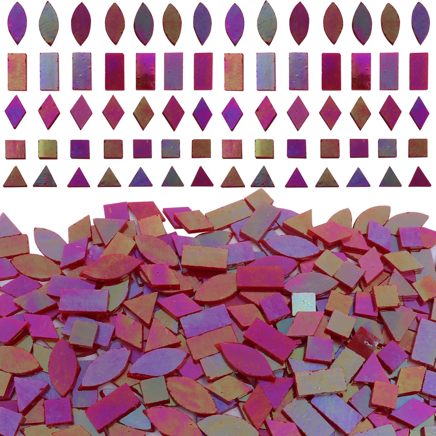 LITMIND Iridescent Glass Mosaic Tiles for Crafts, 240 Pieces 5 Shapes Mixed Red Stained Glass Pieces, Mosaic Kits for Adults (Iridescent Red)