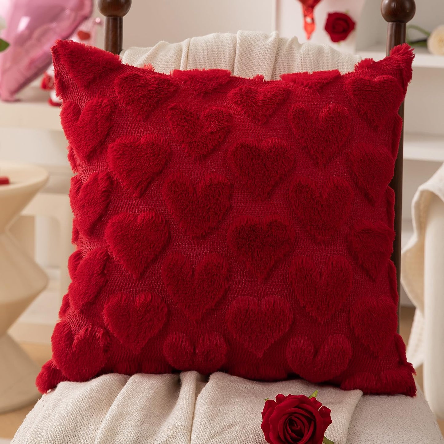 Valentines Pillow Covers 18x18 inch Set of 2 Valentines Day Decoration Red Heart Soft Plush Faux Fur Jacquard Throw Pillows for Bedroom Sofa Holiday Festivals Home Decor PTK017A18