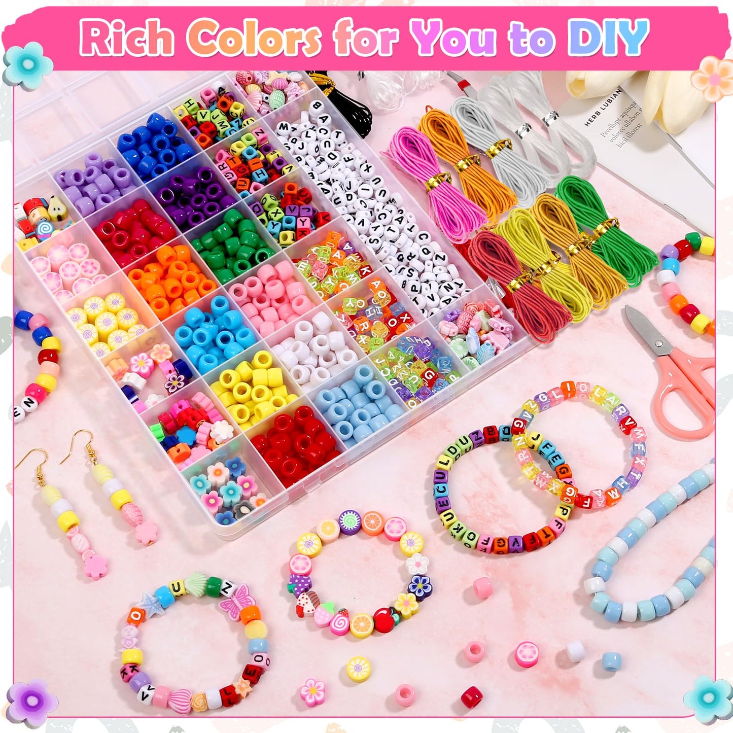 Bead Bracelet Making Kit, Bead Kits for Bracelets Making with Pony Beads, Polymer Fruit Clay Beads, Charm Beads, Letter Beads for Bracelets and Jewelry Making