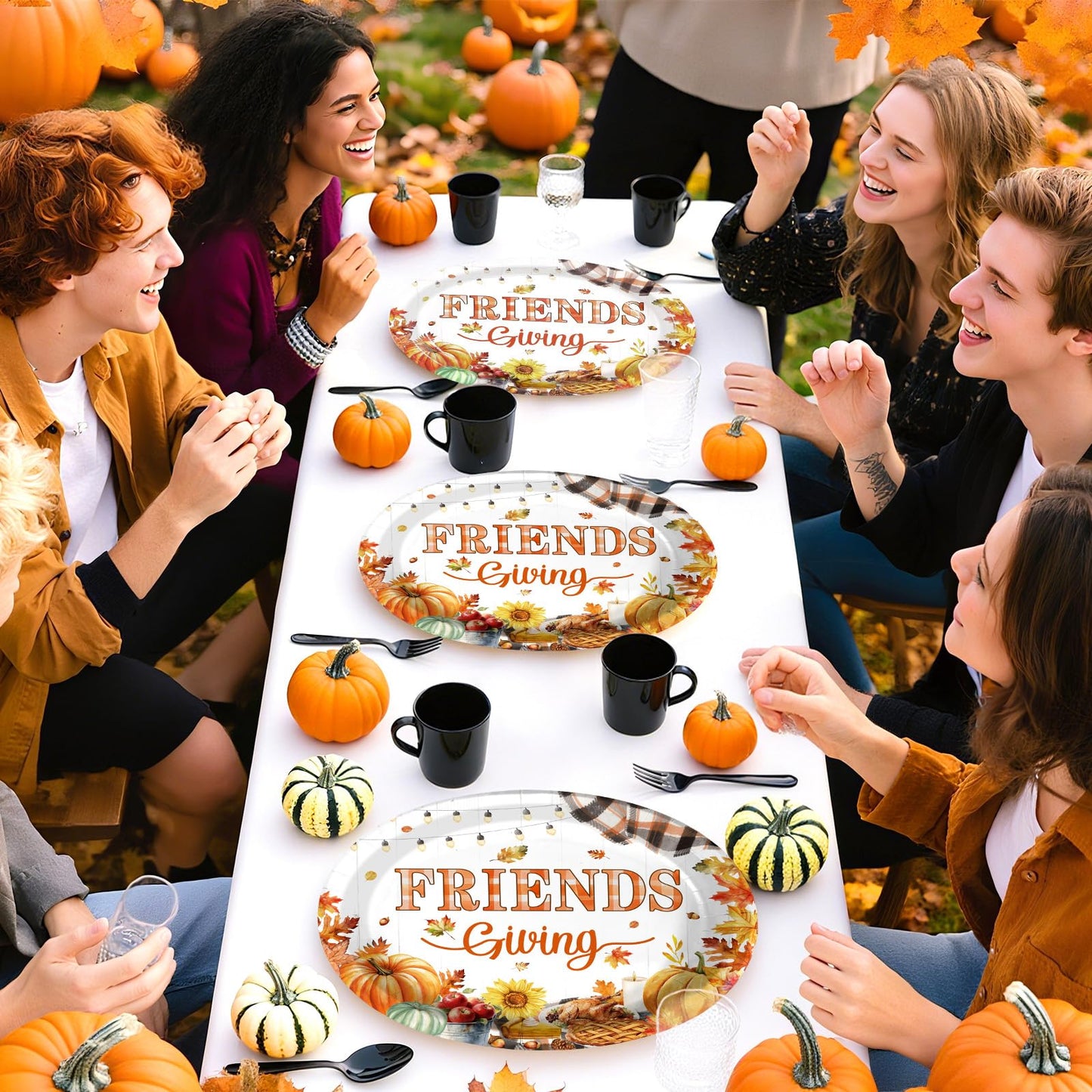 Grencian 50Pcs Friendsgiving Oval Paper Plates Thanksgiving Party Decorations 10" x 12" Large Disposable Autumn Fall Pumpkin Maple Leaves Platter for Thanksgiving Harvest Friends Thanks Party Supplies