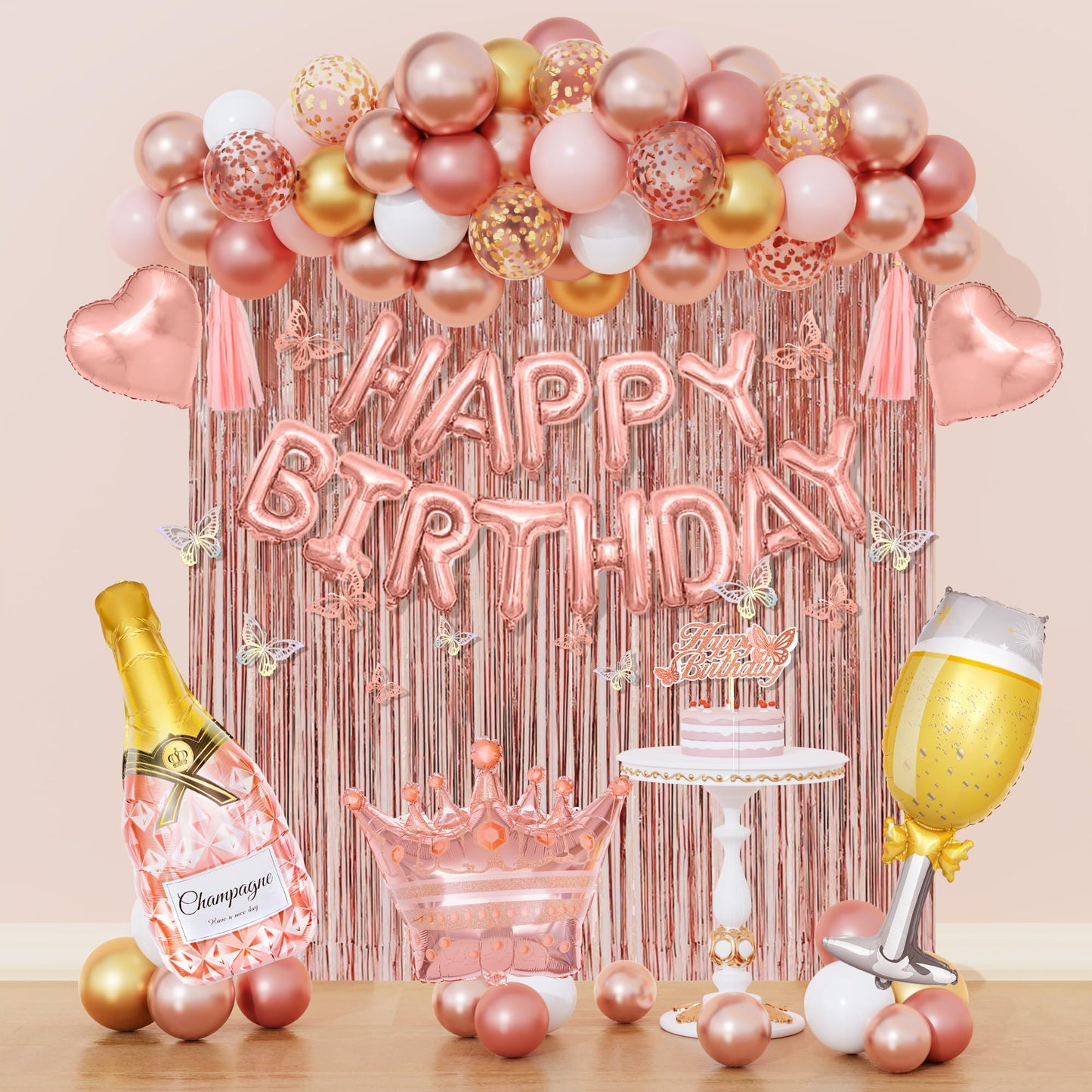 Amandir Rose Gold Birthday Party Decorations for Women Girls, Rose Gold Pink Confetti Foil Balloons, Butterfly, Fringe Curtain, Happy Birthday Banner, Cake Topper for30th 40th 50th 60th Supplies Decor