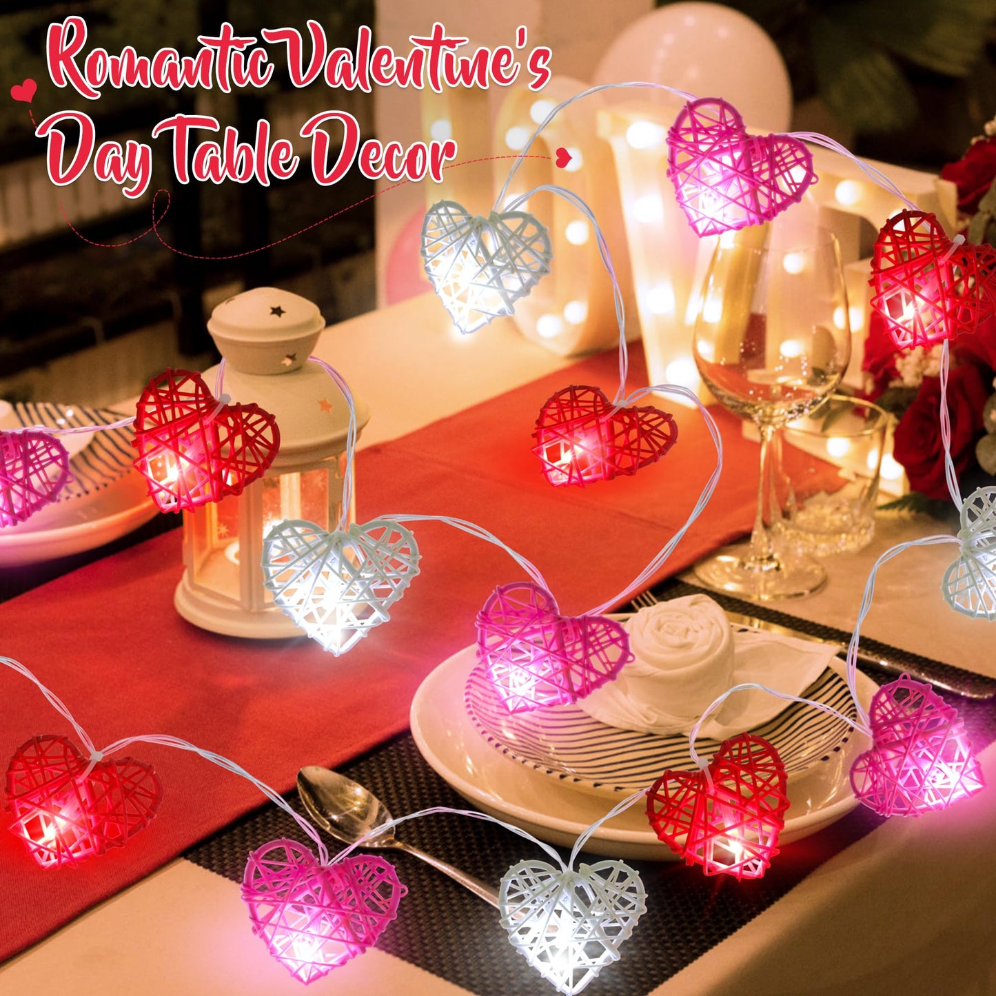 Valentines Day Decorations Red Pink White Heart Lights 10FT 20LED 3D Hollowed Rattan Big Heart String Light Battery Operated, Valentines Day Lights Romantic Valentines Decoration Bedroom Party