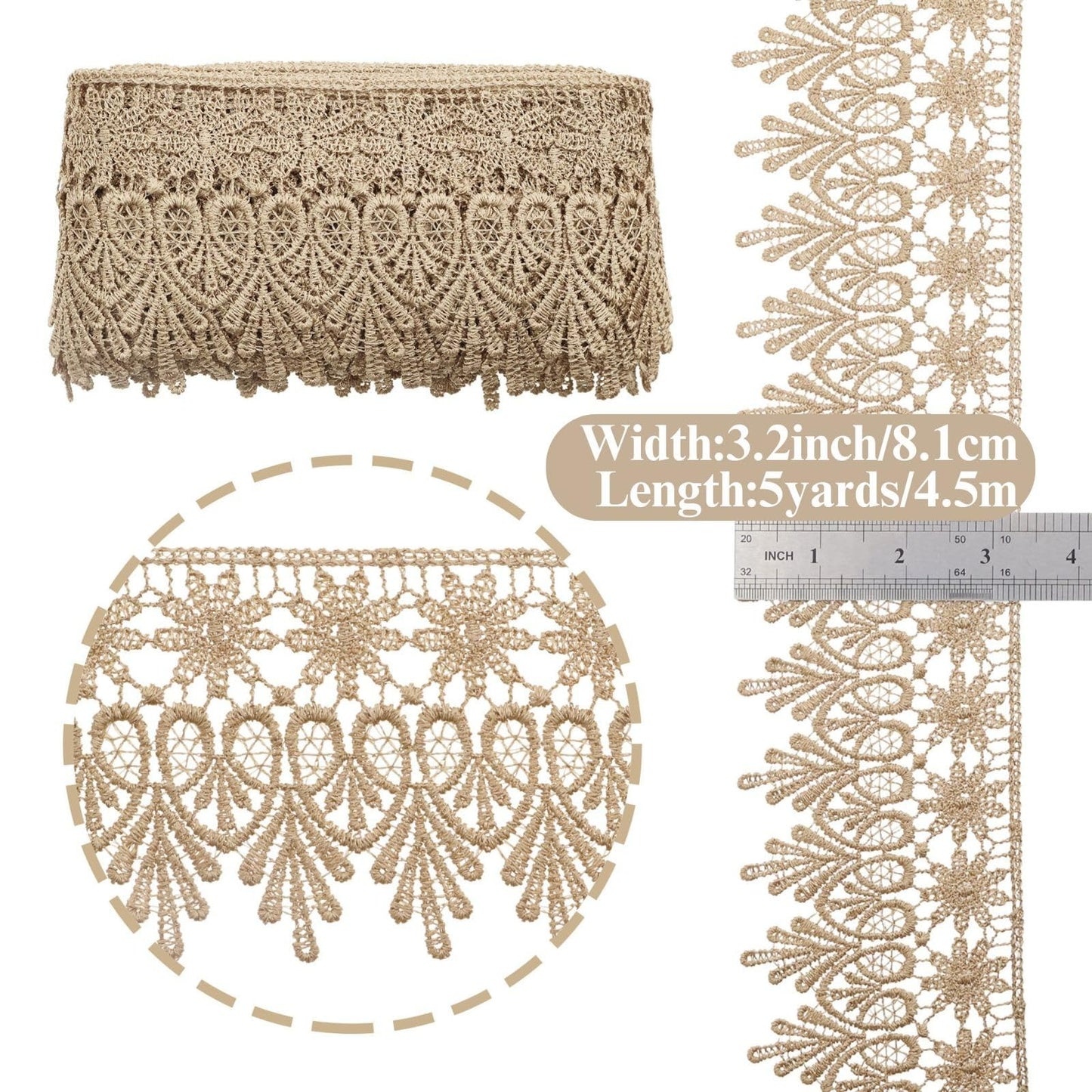 Golden Lace Trim 5 Yards Wide Venise Lace Ribbon Embroidered Edge Trim for Sewing Crafts Pillow Case